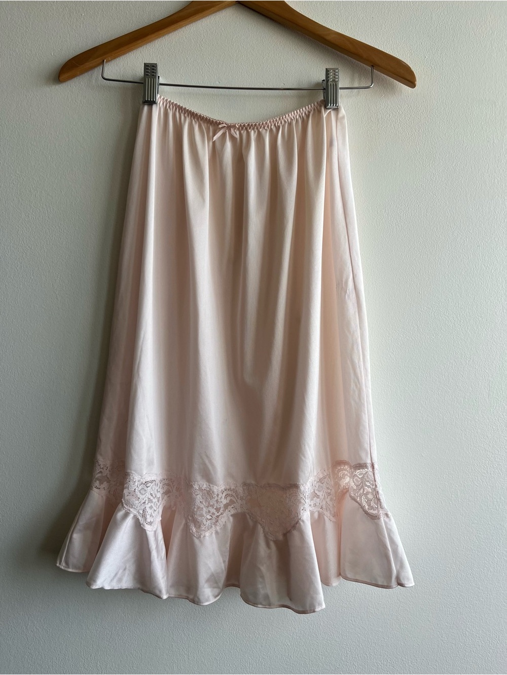 Vintage Blush Pink Satin Slip Skirt w Lace Hem Balletcore Coquette Midi Sz S